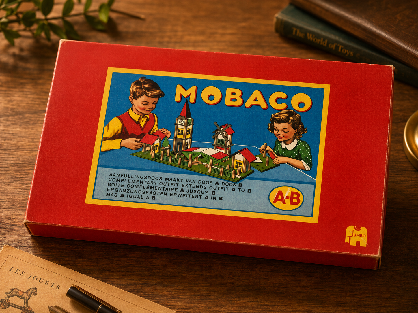 Klassieke rode Mobaco bouwdoos met spelende kinderen